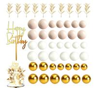 rflaueo 50pcs Boho Cake Decorations Set, Gold White Foam Balls, Artificial Eucalyptus Leaves and Acrylic Birthday Cake Topper, Bohemian Cake Decor for Birthday Party, Wedding Celebration(L49-1)