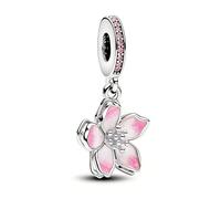 rflaueo Pink Cherry Blossom Flower Charm, 925 Silver Charm Compatible with Pandora Charms,Women's Pure Silver Flower Pendant, Suitable for Bracelets and Necklaces(L32-1)