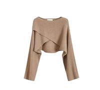 Rfmfkkg Women's Irregular Short Knitted Sweater Round Neck Long Sleeve Solid Color Top Khaki top S 40-50KG