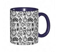 RFSHOP Coffee Mug Clock Hand Drawn Clock Illustration Vintage Monochrome Pattern White and 11Oz Ceramic Tea Cup with Handle for Home Office Christmas Birthday