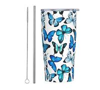RFSHOP Watercolor Butterfly Blue Travel Coffee Mug 590ml Tumbler with Lid and Straw Leakproof Thermal Stainless Steel Cup for Hot/Cold Drinks