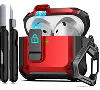 RFUNGUANGO AirPods 4 Case, Auto Pop-Up Lock Carabiner Cleaner Kit, Red | Military grade dust-proof full armor cover with secure lock, anti-lost carabiner & cleaner kit for AirPods 4th Gen