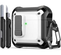 RFUNGUANGO AirPods 4 Case, Auto Pop-Up Lock Carabiner Cleaner Kit, White | Military grade dust-proof full armor cover with secure lock, anti-lost carabiner & cleaner kit for AirPods 4th Gen