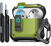 RFUNGUANGO AirPods 4 Case, Auto Pop-Up Lock Carabiner Kit, Army Green | Military grade dust-proof full armor cover with secure lock, anti-lost carabiner & cleaner kit for AirPods 4th Gen