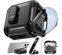 RFUNGUANGO AirPods 4 Case, MagSafe Magnetic Holder 4th Gen, Black | Shockproof earbud case with rear magnetic suction & built-in phone stand for Apple AirPods 4th Generation