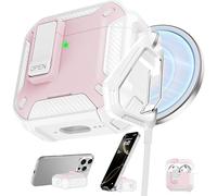 RFUNGUANGO AirPods 4 Case, MagSafe Magnetic Holder 4th Gen, White + pink | Shockproof earbud case with rear magnetic suction & built-in phone stand for Apple AirPods 4th Generation