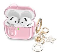 RFUNGUANGO Clear Protective Case for Cute Apple Airpods 4 Protective Case 2024 Women's, Soft TPU Clear with Lock Function, Girls Shiny Keychain -Pink