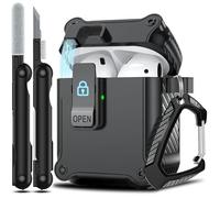 RFUNGUANGO Compatible with Airpods 2nd /1st Case,Automatic Pop-up with Safety Lock Clip, Full Body Shockproof Hard Case with Keychain Compatible with AirPods case,Black