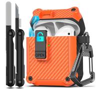 RFUNGUANGO Compatible with Airpods 2nd /1st Case,Automatic Pop-up with Safety Lock Clip, Full Body Shockproof Hard Case with Keychain Compatible with AirPods case,Carbon Fiber Orange