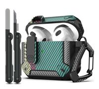 RFUNGUANGO Compatible with AirPods 3rd Generation Case Cover with Cleaner Kit, Military Hard Shell Protective Armor with Lock Compatible with AirPod Gen 3 Charging Case 2021,Carbon fibre green