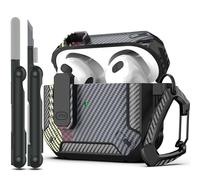 RFUNGUANGO Compatible with AirPods 3rd Generation Case Cover with Cleaner Kit, Military Hard Shell Protective Armor with Lock Compatible with AirPod Gen 3 Charging Case 2021,Carbon fibre ash