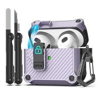RFUNGUANGO Compatible with Airpods 3rd Generation Case with Secure Closure Clip, Carbon Fiber Full Body Protective Case Shockproof Compatible with Apple AirPod 3rd Generation 2021,Purple