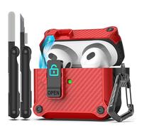 RFUNGUANGO Compatible with Airpods 3rd Generation Case with Secure Closure Clip, Carbon Fiber Full Body Protective Case Shockproof Compatible with Apple AirPod 3rd Generation 2021,Red