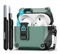 RFUNGUANGO Compatible with AirPods 4th Case Cover with Secure Lock Clip,Automatic Pop-up Case,Full-Body Shockproof Hard Protective Cover for AirPods 4th Case,Pine needle green
