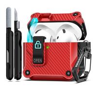 RFUNGUANGO Compatible with AirPods 4th Case Cover with Secure Lock Clip,Automatic Pop-up Case,Full-Body Shockproof Hard Protective Cover for AirPods 4th Case,Red