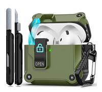 RFUNGUANGO Compatible with AirPods 4th Case Cover with Secure Lock Clip, Automatic Pop-up, Full-Body Shockproof Hard Protective Cover for AirPods 4th, Olive Green