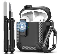 RFUNGUANGO Compatible with AirPods Case Cover with Cleaner Kit, Military Hard Shell Protective Armor with Lock Compatible with AirPod Gen 1&2 Charging Case,Black