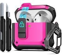 RFUNGUANGO Secure Lock Case for AirPods 4th Generation, Military Grade Shockproof Full-Body Protective Cover with Anti-Lost Carabiner & Cleaner Kit, Dust-Proof Armor Case for AirPods 4 Gen（Rose Red）