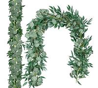 RFWIN 2 Pack 6.5 Ft Artificial Eucalyptus Garland with Willow Leaves Fake Hanging Greenery Vines Table Runner Garland for Wedding Backdrop Arch Wall Decor