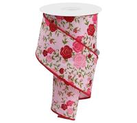 RG Ribbon Cottage Roses with Wired Edges - 2.5" Inches x 10 Yards - Light Pink, Red, Green - for Flower Bows, Wreaths, Gift Wrap, Crafts and Decorations