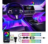 RGB Car Interior Strip Lights with Smart App Control, Music Sync Under Dash Interior Lighting Kit Neon Multicolor 12 LED Strip Lights