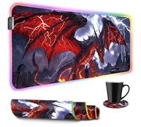 RGB Gaming Mouse Pad 13 Lighting Mousepad Modes Non-Slip Rubber Base Stitched Edges Desk Mat 31.5 x 11.8 inch Large Keyboard Large Mouse Pad for PC Games Laptop Computer - a Fire Dragon