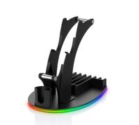 RGB Headphone Stand Controller Holder with USB Charging Data Transfer for 2, Headset Holder Headphone Stand Disc Storage Bracket, Keeps Gaming Area Tidy (Black)