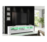 (RGB (multicoloured) LED Lights) Furneo 200cm White Long TV Stand Unit Cabinet Matt & High Gloss LED Lights Phantom 10