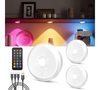 RGB Rechargeable Puck Lights with Remote, 2400mAh Battery Spot Lights Stick On Wireless Under Cabinet Kitchen Light Colour Changing Magnetic LED Touch Spotlights for Cupboard Display Shelf Wardrobe