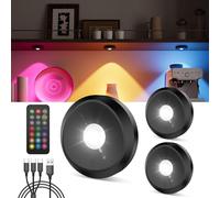 RGB Rechargeable Puck Lights with Remote, Black 2400mAh Battery Spot Lights Stick On Wireless Under Cabinet Kitchen Lights Colour Changing Magnetic LED Push Button Spotlight for Cupboard Display Shelf
