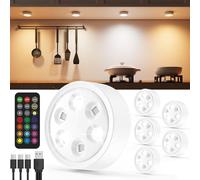 RGB Rechargeable Puck Lights with Remote Control, 2400mAh Battery Operated Tap Light Color Changing Push Lights Stick On LED Closet Light USB Under Cabinet Touch Lamp Classroom Magnetic Shelf Lighting