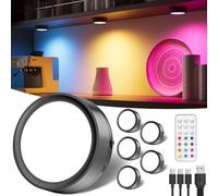 RGB Rechargeable Spot Lights Indoor, 2400mAh Battery Colour Changing LED Puck lights with Remote Push Button Under Cupboard Kitchen Lights USB Magnetic Touch Shelf Light Stick On Display Cabinet Light