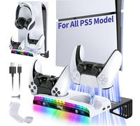 RGB Wall Mount for PS5 PRO/Slim/PS5 Game Console with Charging Station-Stable Metal Stand with Controller Charger(15 RGB Lights) and Headset Holder & 3 USB Hubs for Playstation 5 PRO/Slim Disc&Digital
