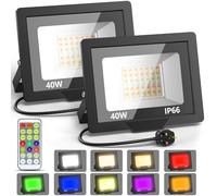 RGBW LED Flood Lights Outdoor 40W, 2 Pack Colour Changing Flood Lights Dimmable with Remote Control and Cycle Timer, IP66 Waterproof Design, Perfect for Gardens, Landscapes and Stages. UK 3-Pin Plug
