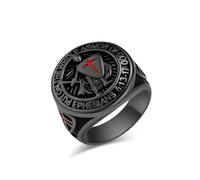 RGEMCY Knights Templar Put On The Whole Armor of God Ephesians 6:13-17 Red Cross Design Mens Stainless Steel Christian Signet Black Ring, Metal, No Gemstone