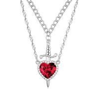 RGEVGER Silver Layered Double Heart Sword Pendant Necklaces, Creative Design Red Zircon Love Heart Dagger Pendant Necklace, Shaped Red Crystal And Punk Sword Matchin Necklace, for Couple Friendship