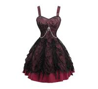 Rgothic Gothic Victorian Lorita Floral Lace Overlay Cross Chain Ruffles Layered A Line Goth Vintage Dress, Red Wine, 3XL