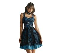 Rgothic Gothic Victorian Lorita Floral Lace Overlay Cross Chain Ruffles Layered A Line Goth Vintage Dress, Blue, XL