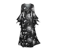 Rgothic Halloween Cosplay Costume Gothic Flare Sleeves Sun Moon Face Print A Line Maxi Dress, Black, XXL