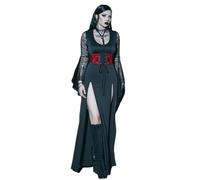 Rgothic Womens Halloween Costume Gothic Spider Web Flare Sleeves Lace Up M-Slit Midi Dress(Black/XXL)