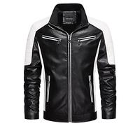 RGVV Men's Black White Leather Bomber Jacket, EU L (US M), Zipper Closure, Long Sleeve, Band Collar, Fitted, Water Resistant, Cold Weather Protection