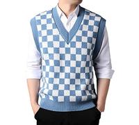 RGVV Mens Sweatshirts, Men'S Knit Vest Sweater Sleeveless Knitted Sweater Blue Checkered Knitted Vest Sweater Tops Waistcoat Tank Top For Autumn Winter,S