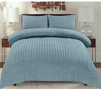 RH Production Premium Quality Seersucker Duck egg King Duvet Cover Set with Pillowcase - Plain Dyed Matching-Colour Fitted Sheet - Natural Cotton, Polyester - Quilted Striped Bedding Set (Duvet Only)
