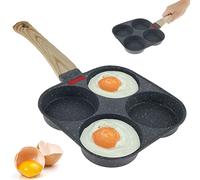 RHAIQBVC Non-Stick Frying Pan with 4 Hole Mini Egg Cooker Omelet Skillet with Wooden Handle Multi Pancake Aluminum Fried Egg Burger Pan for Breakfast Home Kitchen Cooking (Black I)