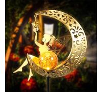 RHAIQBVC Solar Lights Outdoor Garden Ornaments,Solar Powered Moon Fairy Crackle Glass Lights,Waterproof LED Metal Stake Lights,Decorative Pathway Stake Lights for Balcony Yard Lawn Patio Garden