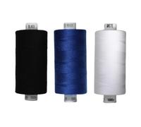 Rhapsew 3 x 1000yd Spools Pack - Coats Moon Sewing Thread Black, White & Blues (Various Shades) - Strong Polyester Thread for Sewing Machines & Hand Stitching (Black,White,M0001)