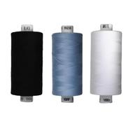 Rhapsew 3 x 1000yd Spools Pack - Coats Moon Sewing Thread Black, White & Blues (Various Shades) - Strong Polyester Thread for Sewing Machines & Hand Stitching (Black,White,M0230)