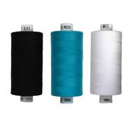 Rhapsew 3 x 1000yd Spools Pack - Coats Moon Sewing Thread Black, White & Blues (Various Shades) - Strong Polyester Thread for Sewing Machines & Hand Stitching (Black,White,M0224)