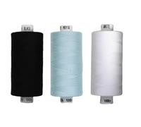Rhapsew 3 x 1000yd Spools Pack - Coats Moon Sewing Thread Black, White & Blues (Various Shades) - Strong Polyester Thread for Sewing Machines & Hand Stitching (Black,White,M0114)