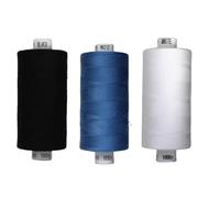 Rhapsew 3 x 1000yd Spools Pack - Coats Moon Sewing Thread Black, White & Blues (Various Shades) - Strong Polyester Thread for Sewing Machines & Hand Stitching (Black,White,M0232)